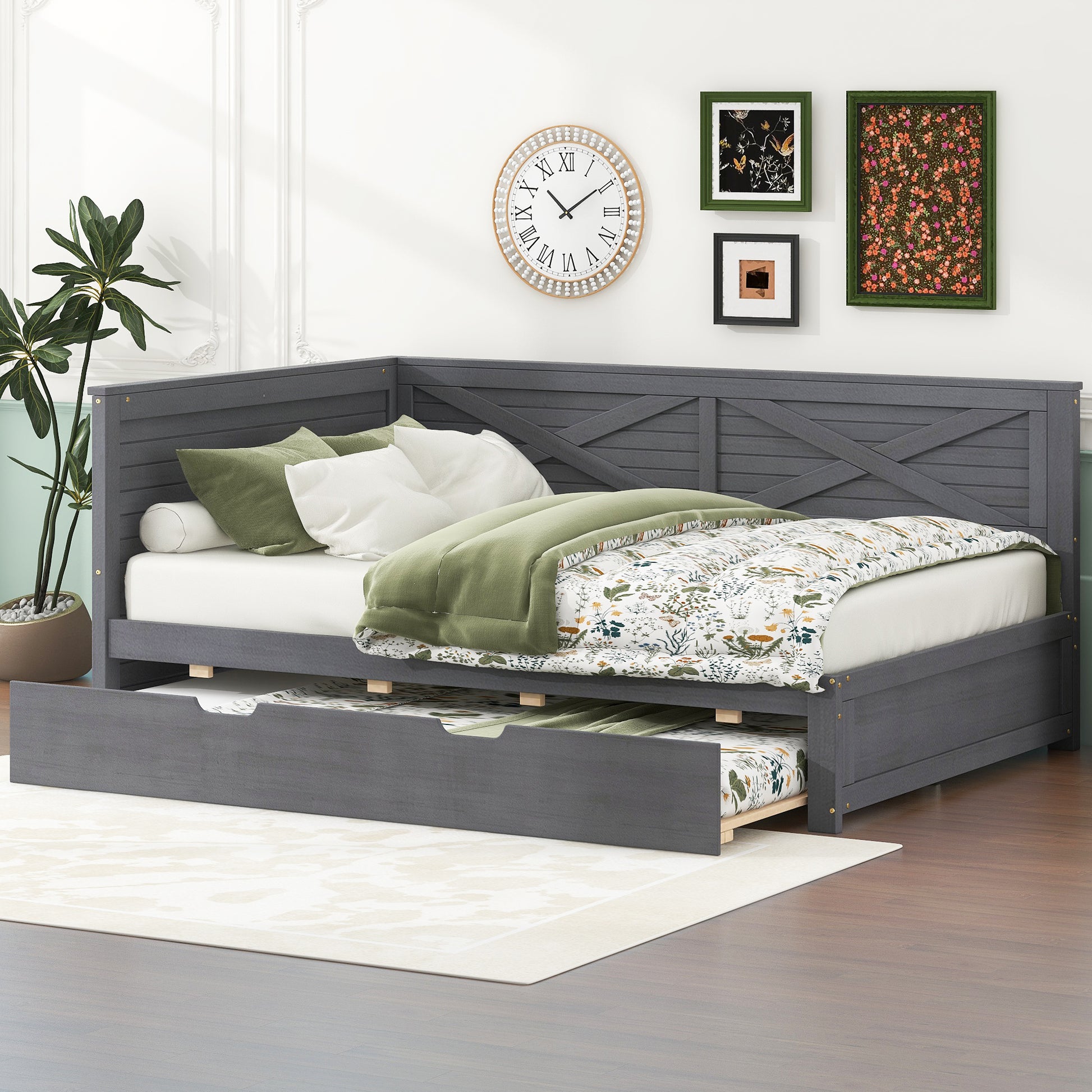 Twin Size Wood Daybed With Trundle And Rustic Guardrail, Ancient Grey Box Spring Not Required Twin Grey Wood Bedroom Solid Wood Mdf