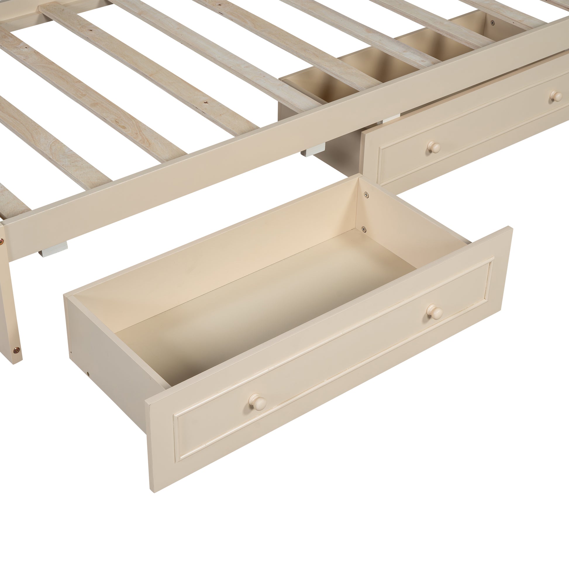 Twin Size Wood Daybed With 2 Drawers And Guardrail, Beige Beige Solid Wood Mdf