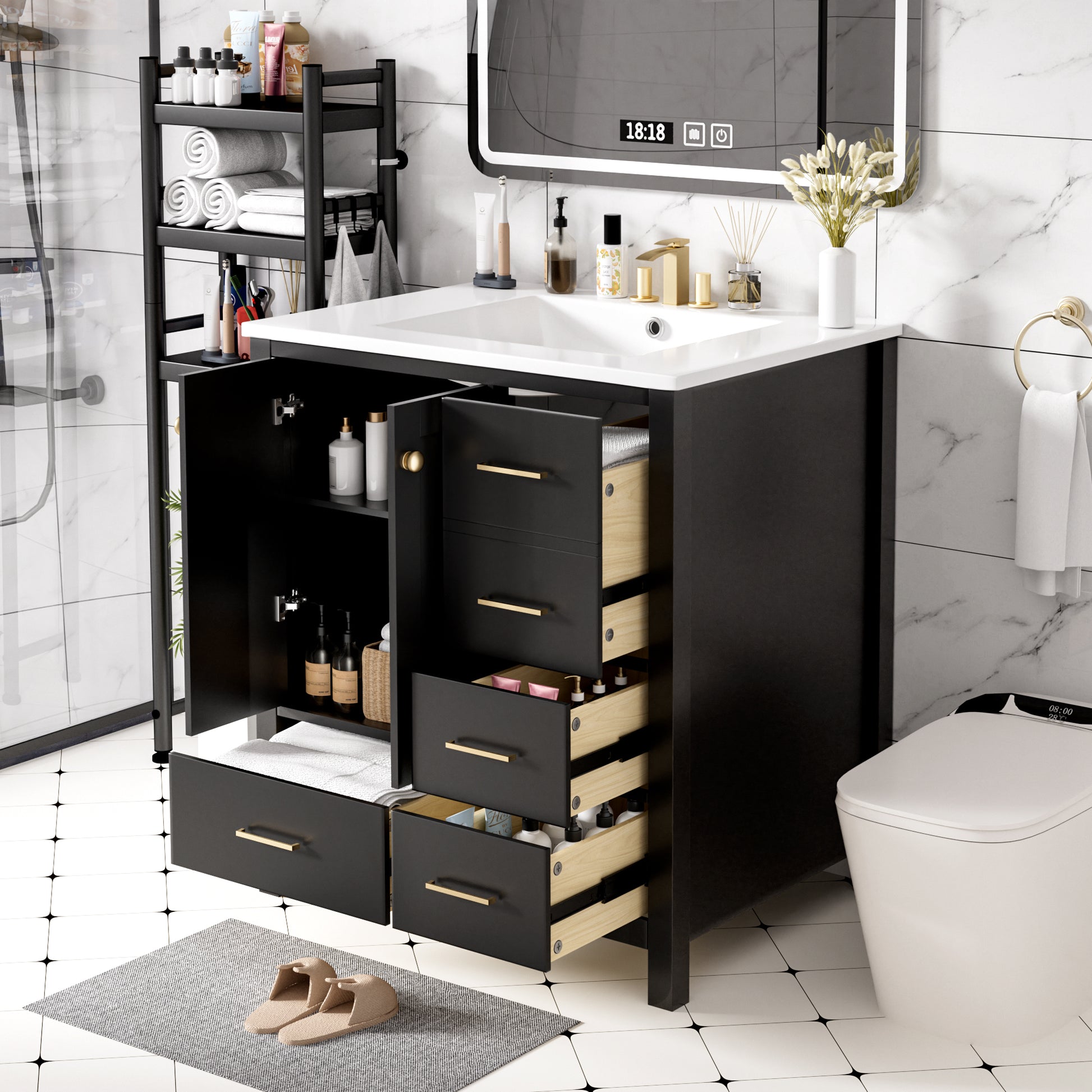 30'' Bathroom Vanity With Resin Sink Combo, Solid Wood Frame Bathroom Storage Cabinet, Freestanding Vanity Set With 4 Drawers& Soft Closing Doors, Black Black Bathroom Modern Solid Wood Mdf Resin