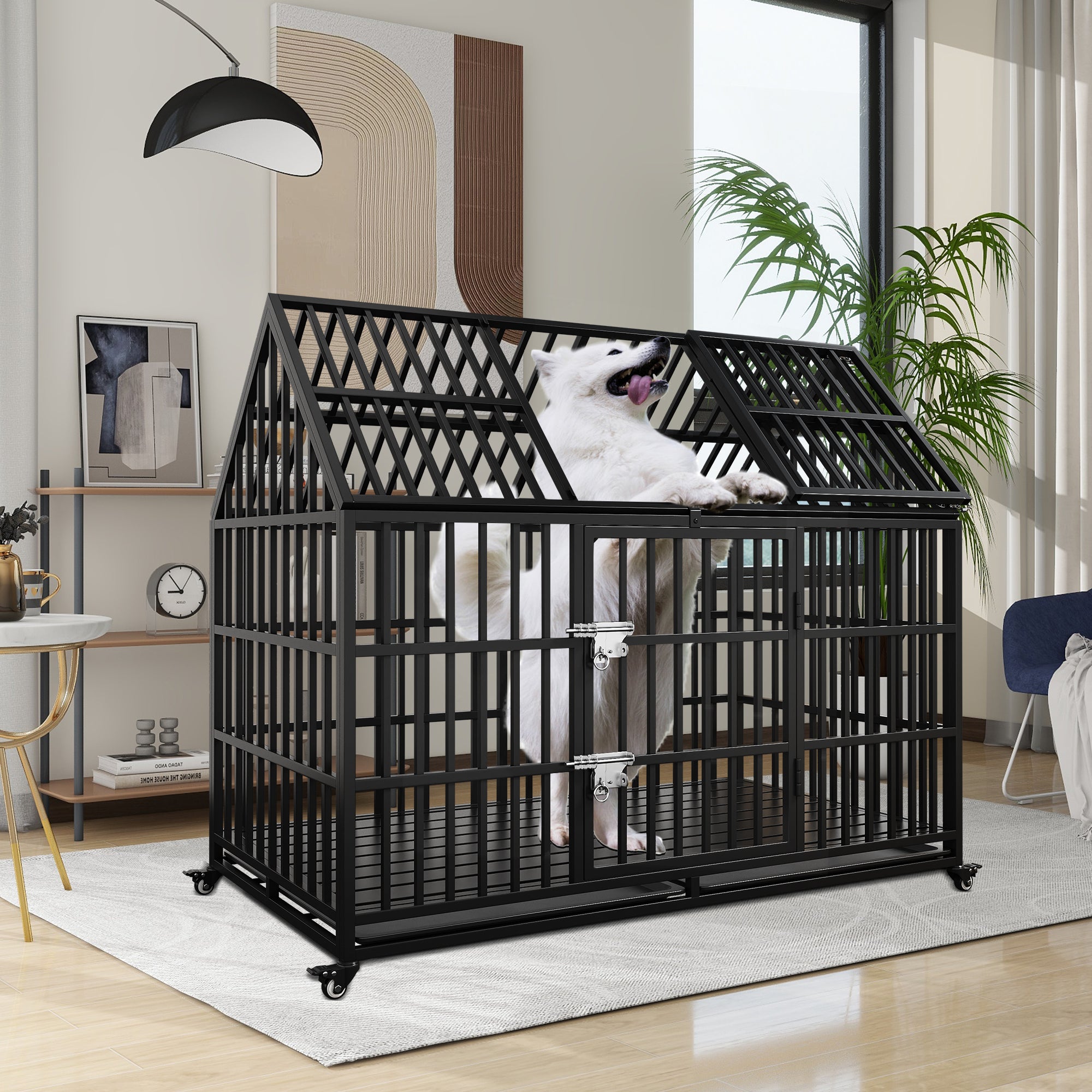 54" Heavy Duty Dog Crate Large Dog Cage Strong Metal Dog Kennels And Crates For Large Dogs Top Open With 2 Doors 4 Lockable Wheels 2 Removable Trays Black Outdoor Kennel Extra Large 71 90 Lbs Steel