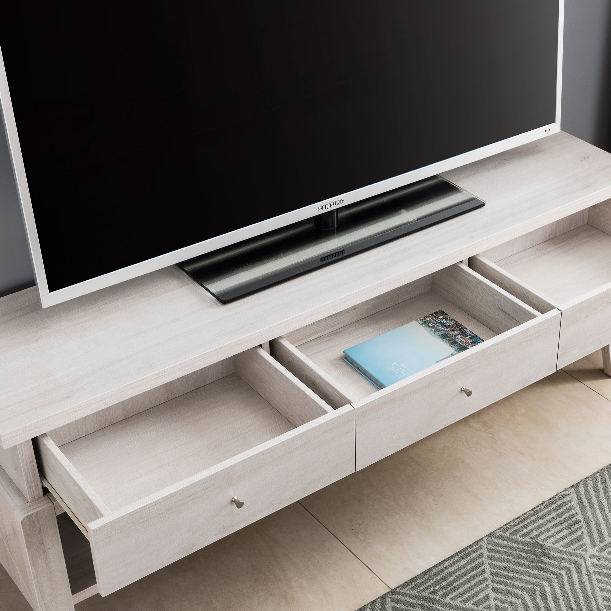 Elegant White Oak Tv Stand With Three Drawers And Three Shelves For Organizing Your Entertainment Center White Oak 60 69 Inches Mdf