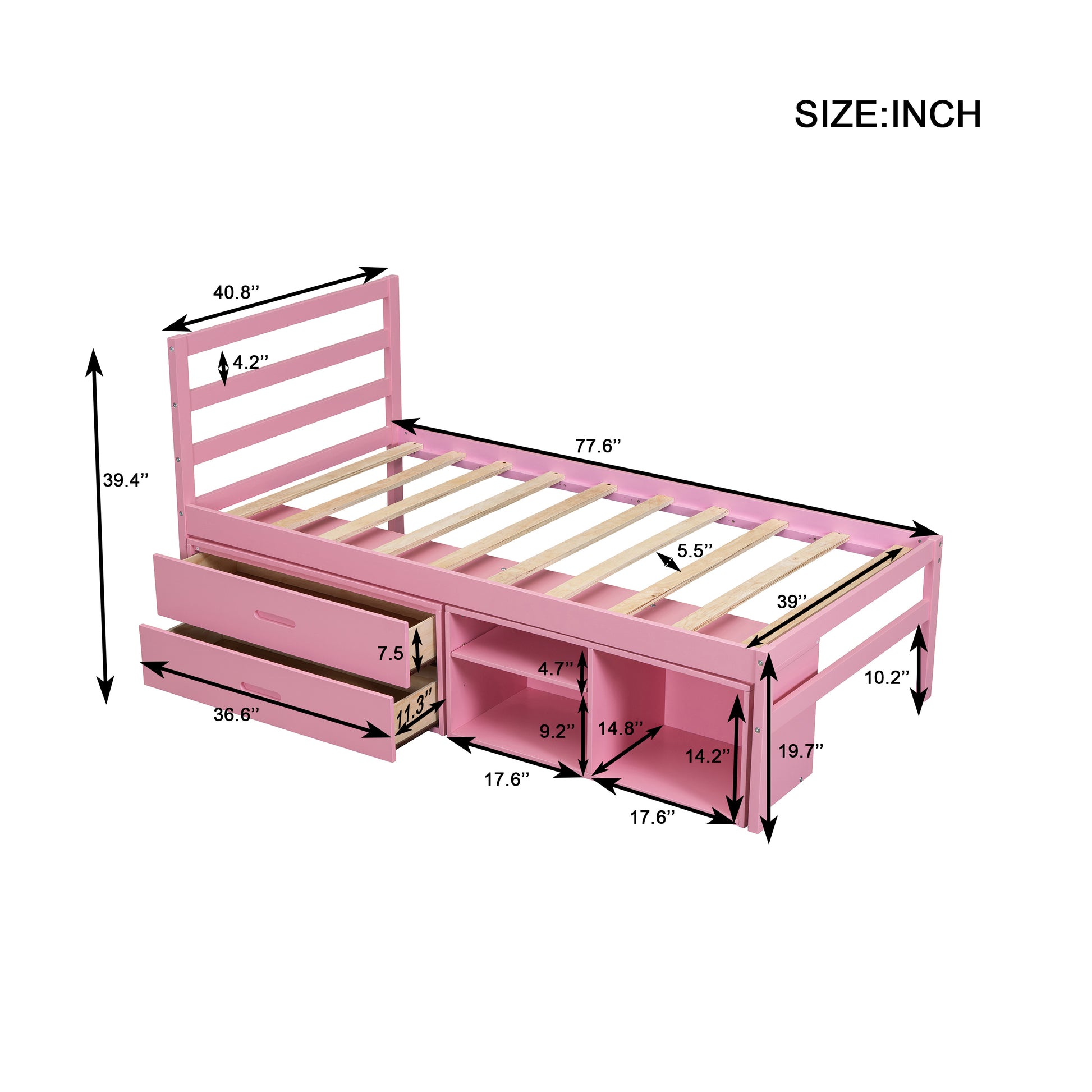 Twin Size Wood Platform Bed With Removable Storage Shelves, Built In Two Storage Drawers For Added Convenience, Pink Twin Pink Wood