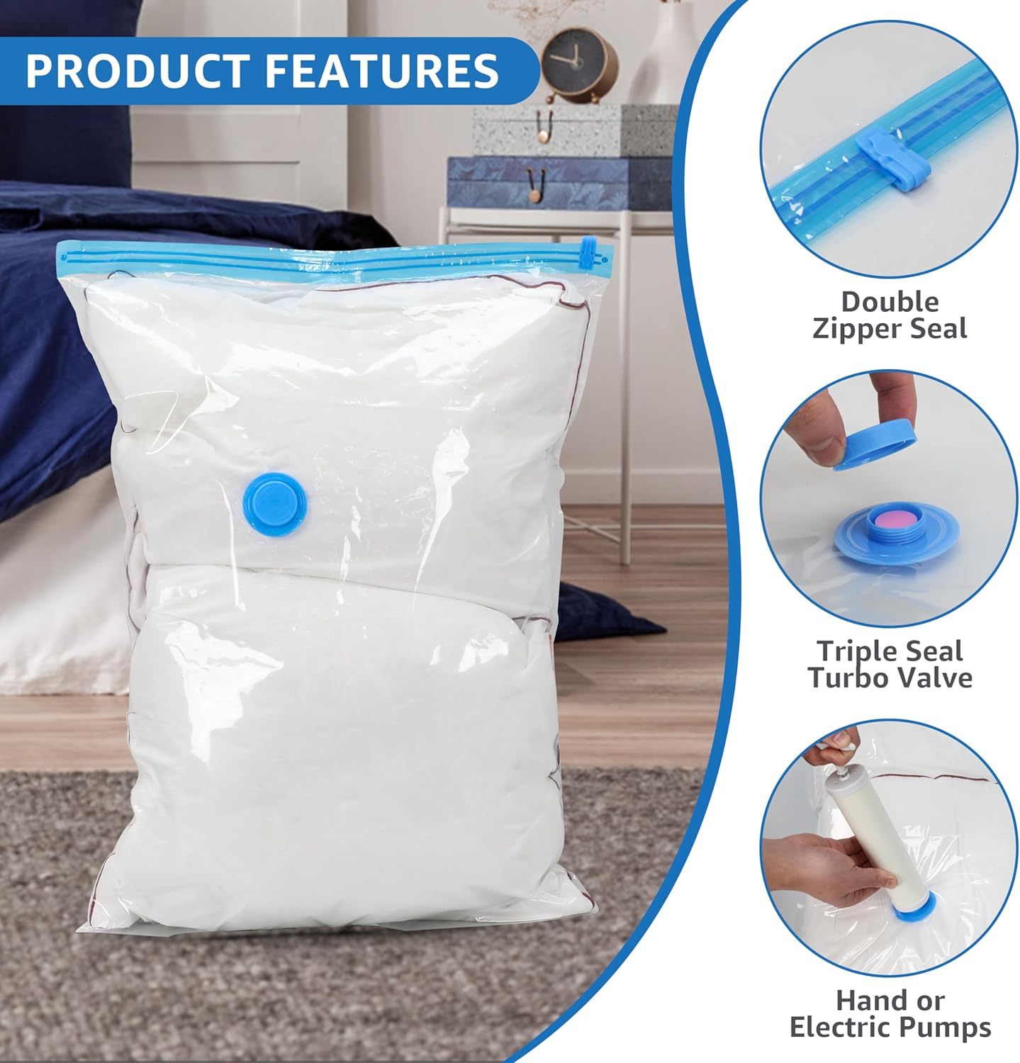 30 Pack Compression Storage Bags, Vacuum Storage Bags, Space Saver Bags For Comforters, Blankets, Pillows And Clothes Storage, Hand Pump Included 5 Jumbo 5 L 5 M 5 S 5 Roll M 5 Roll S White