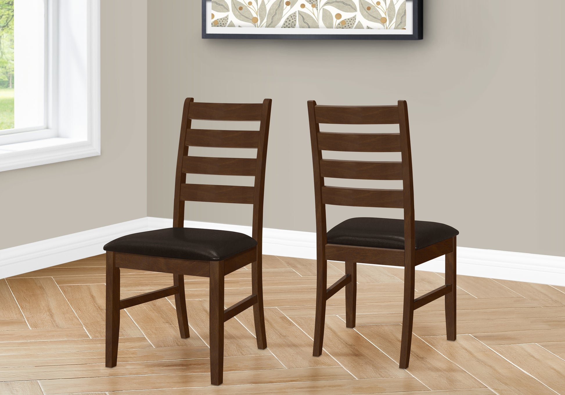 Dining Chair, 37" Height, Set Of 2, Dining Room, Kitchen, Side, Upholstered, Brown Solid Wood, Brown Leather Look, Transitional Brown Foam Faux Leather