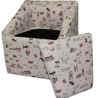 21.75" Tall Kids Accent Chair With Storage, Light Tan With Cartoon Print Multicolor Wood