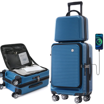 Carry On Luggage 20 Inch Front Open Luggage Lightweight Suitcase With Front Pocket And Usb Port, 1 Portable Carrying Case Peacock Blue Abs