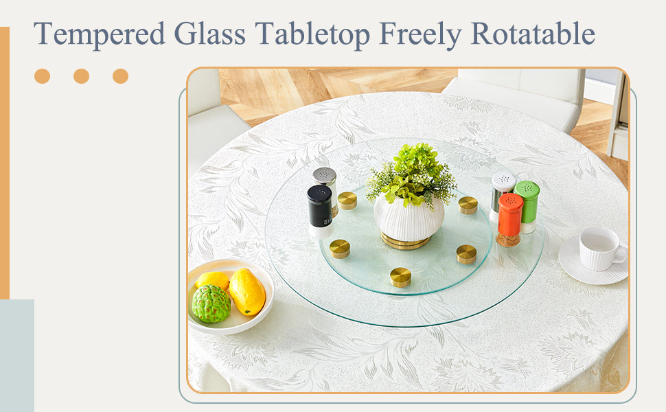 Double Layer Rotatable Round Glass.Golden Aluminum Plate,The Rotatable Design Makes It Convenient To Retrieve And Place Items.The Upper Glass Has A Diameter Of 24 Inches, The Lower Glass15 Inches.