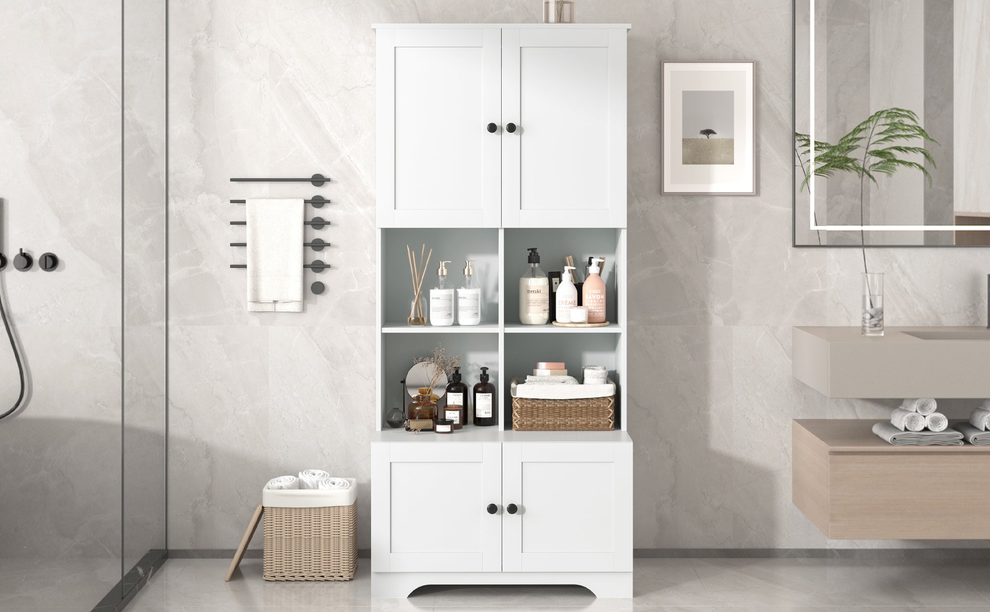 Tall And Wide Bathroom Floor Storage Cabinet, Bathroom Storage Unit, Freestanding Cabinet With 4 Doors, Adjustable Shelves, Open Multi Layer Shelves, White White Mdf