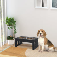 Pawhut 23" Modern Decorative Dog Bone Wooden Heavy Duty Pet Food Bowl Elevated Feeding Station Black Black Mdf