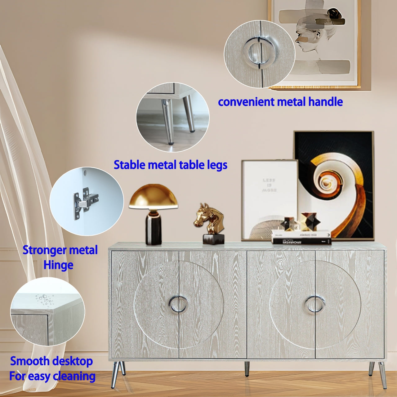 Modern Lacquered 4 Door Wooden Cabinet Sideboard Buffet Server Cabinet Storage Cabinet, For Living Room, Entryway, Hallway, Office, Kitchen And Dining Room, Champagne Silver Lacquered Champagne