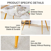 Table And Chair Set.Modern Minimalist Dining Table. White Imitation Marble Pattern Sintered Stone Desktop With Golden Metal Legs.Paried With 6 Comfortable Chairs With Pu Seats And Black Metal Legs.