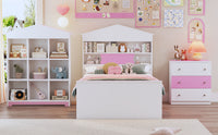 Twin Size House Shaped Wooden Bed With Storage Shelf On The Headboard, Built In Two Storage Drawers, Pink Pink White Wood