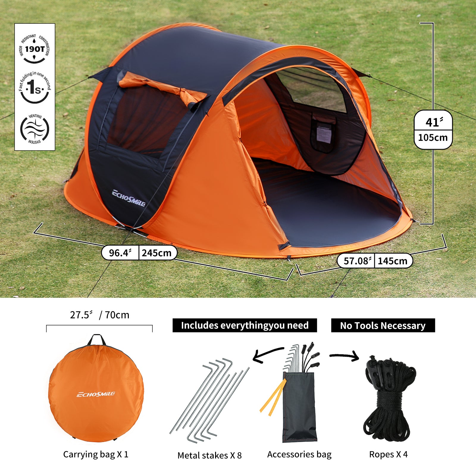 2 Person Black Orange Pop Up Camping Tent Black Cream Polyethylene