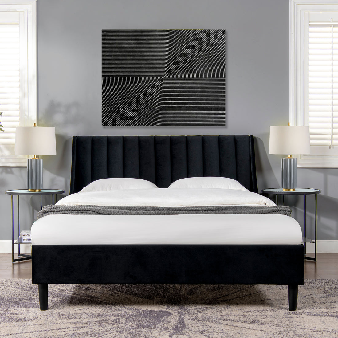 Aspen Vertical Tufted Headboard Platform Bed Set, Queen, Anthracite Black Velvet Box Spring Not Required Queen Anthracite Wood Foam Velvet Velvet