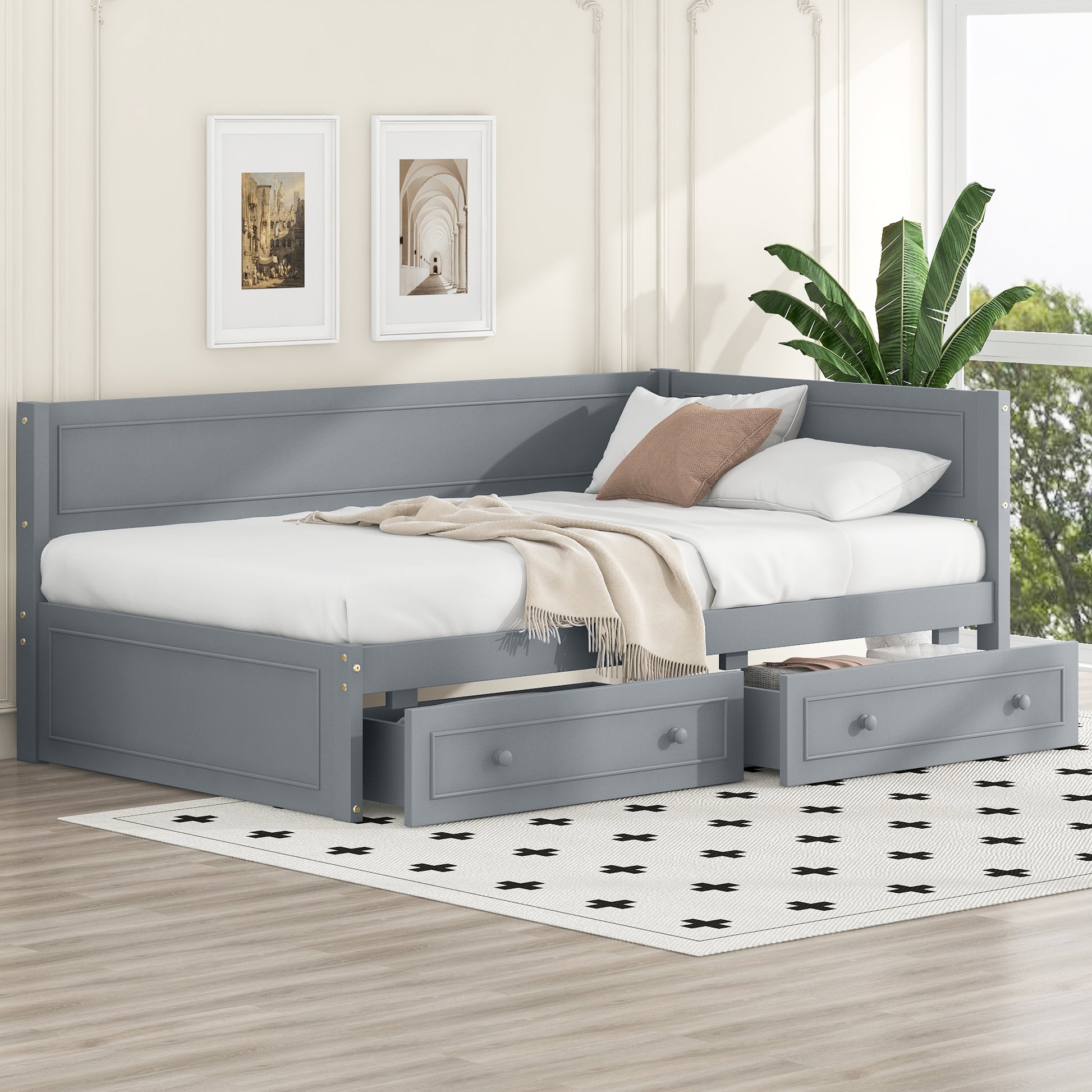 Twin Size Wood Daybed With 2 Drawers And Guardrail, Gray Gray Solid Wood Mdf