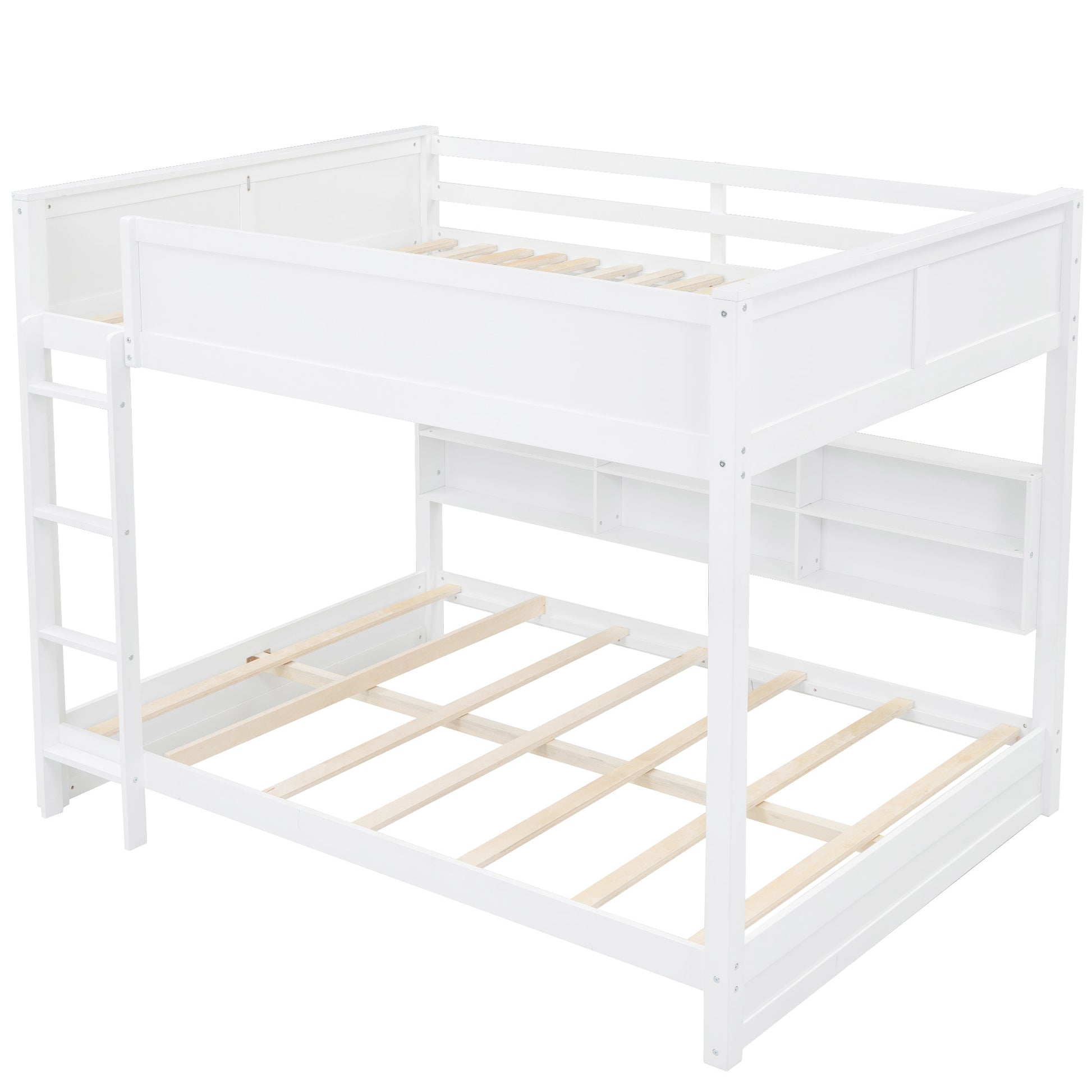 Queen Over Queen Bunk Bed With Storage Cabinets And Usb Ports, White White Solid Wood Mdf