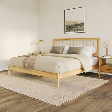 Mid Century Modern Solid Wood King Spindle Bed Natural Pine King Natural Wood Pine Pine