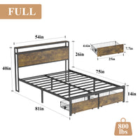 Full Bed Frame With Led Lights And Charging Station Robust Metal Wood Construction, Rustic Wood Platform Bed Frame With 2 Drawers, No Box Spring Needed, Noise Free, Vintage Brown, Easy Assemble Box