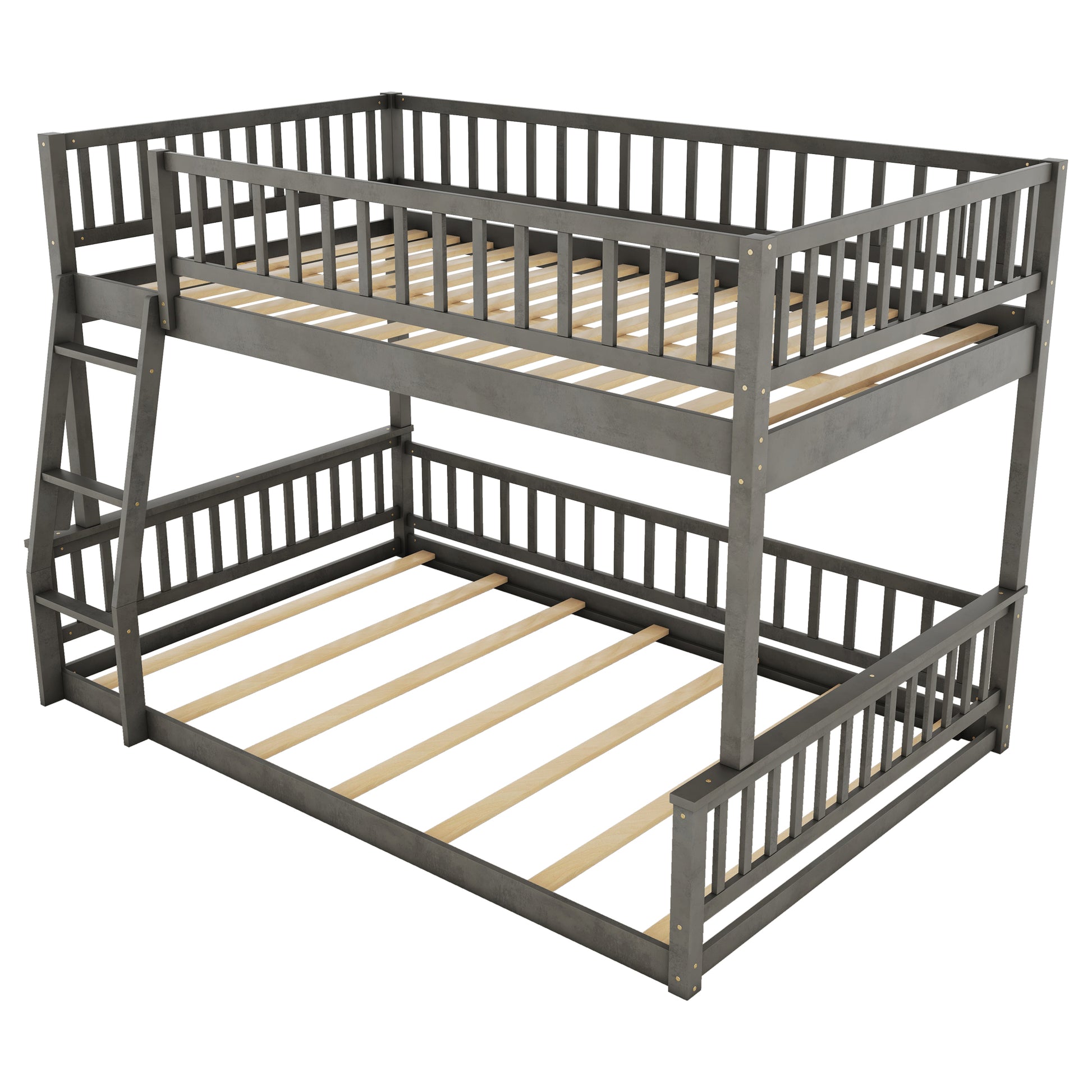 Full Xl Over Queen Bunk Bed With Ladder And Guardrails, Gray Box Spring Not Required Queen Gray Wood Bunk Solid Wood Mdf