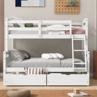 Twin Over Full Bunk Bed With Ladder, Two Storage Drawers, Safety Guardrail, White Box Spring Not Required Twin White Wood Bedroom Bed Frame Pine