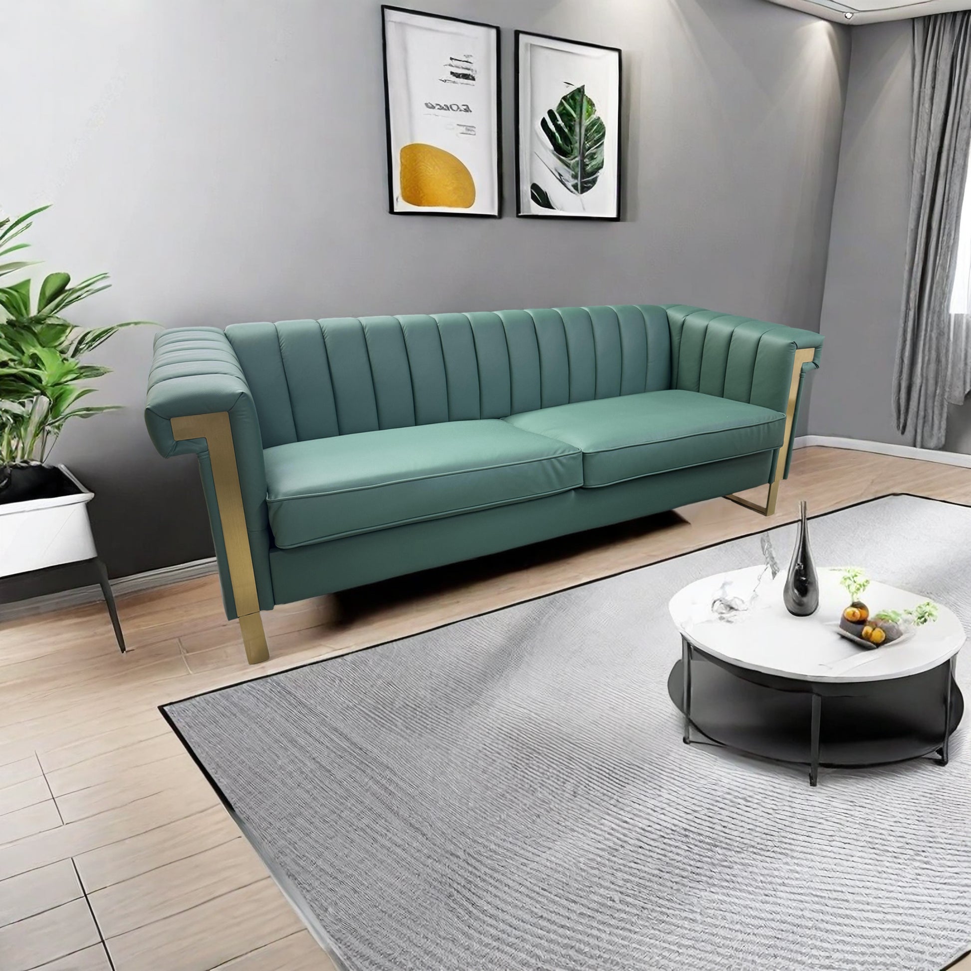 Fx P81Pu Gr Sofa Modern Green Pu Sofa With Gold Accents Sleek Channel Tufted Upholstery, 3 Seat Couch For Living Room And Office Decor Temu Suitable Retro Green Pu 2 Seat