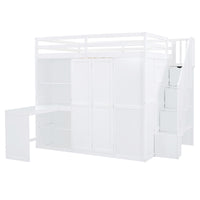 Full Size Bunk Bed With Wardrobe,Desk And Shelves,White White Mdf Lvl