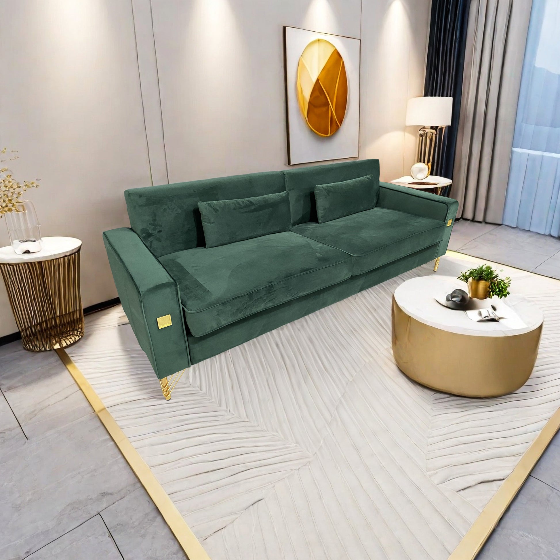 Fx P18 Rg2 Sofa Luxury Emerald Green Velvet Sofa With Gold Accents Modern 3 Seat Couch With Plush Cushions, Perfect For Living Room And Office Decor Retro Green Velvet 2 Seat