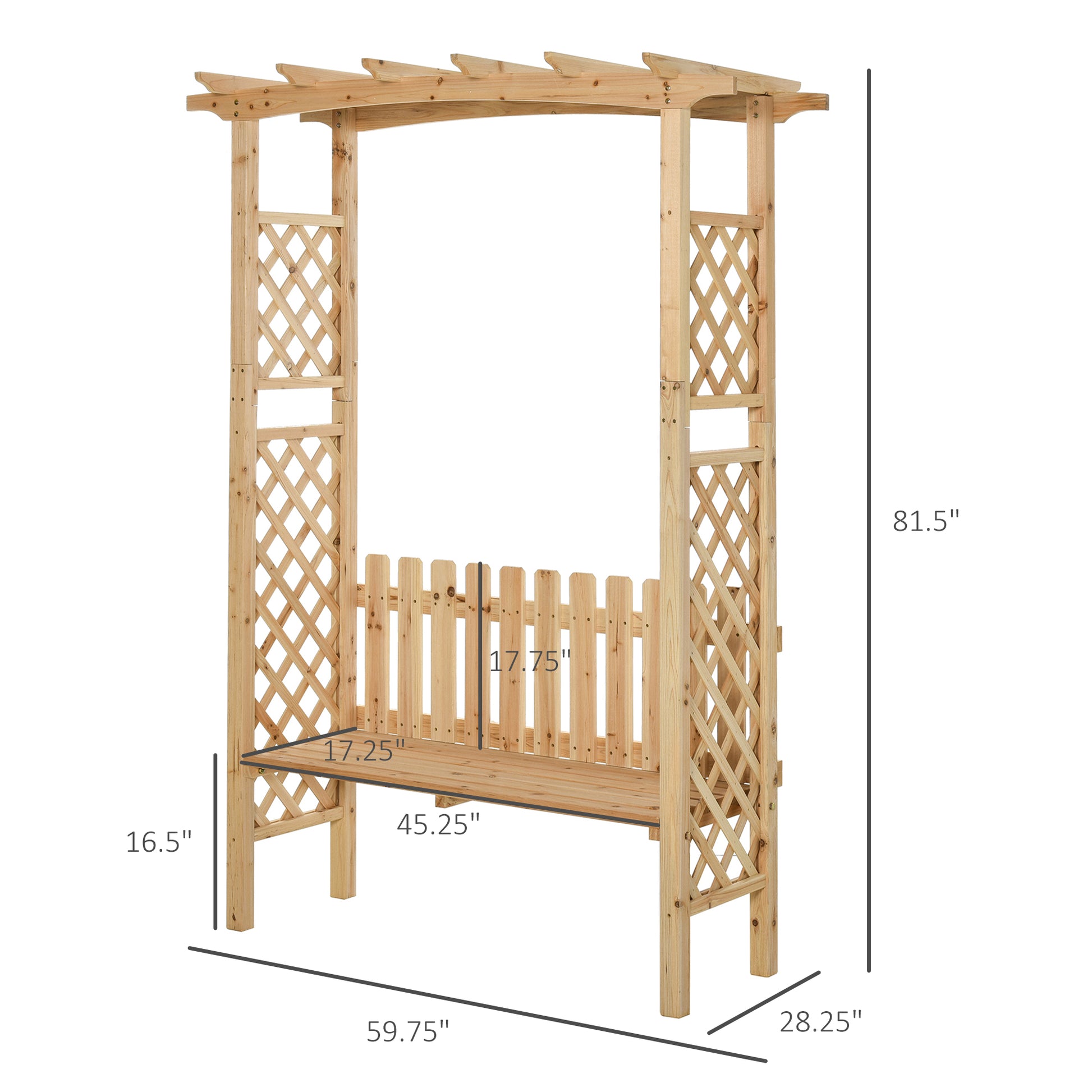 Outsunny Wooden Garden Arbor For Climbing Plants With Garden Bench, Garden Arch To Grow Grapes & Vines, Patio Decor & 2 Person Outdoor Wood Decorative Seating, Natural Natural Wood