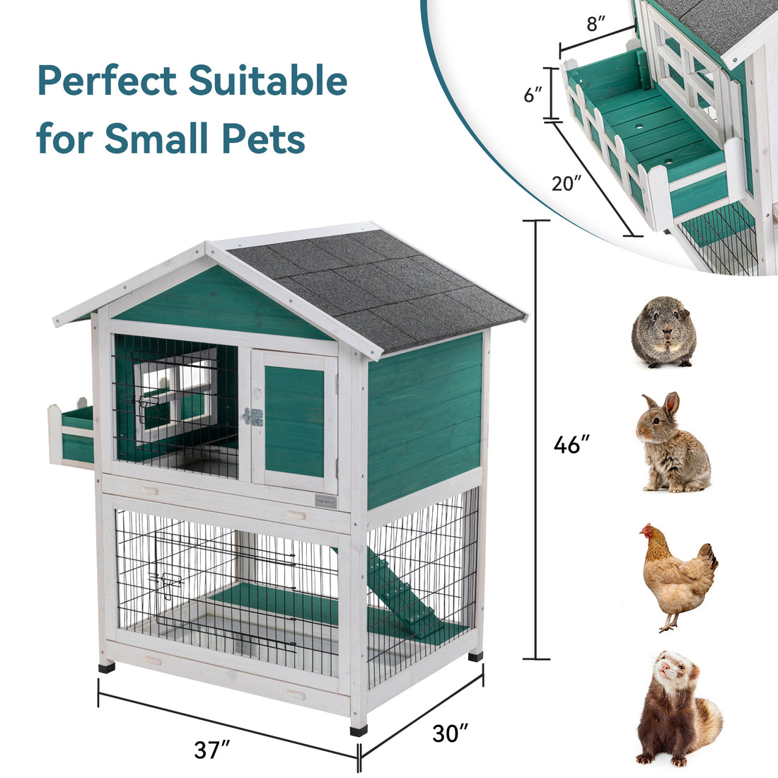 2 Story Wooden Rabbit Hutch Outdoor Indoor Bunny Cage Pull Out Tray,Waterproof Roof Green Solid Wood