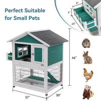 2 Story Wooden Rabbit Hutch Outdoor Indoor Bunny Cage Pull Out Tray,Waterproof Roof Green Solid Wood