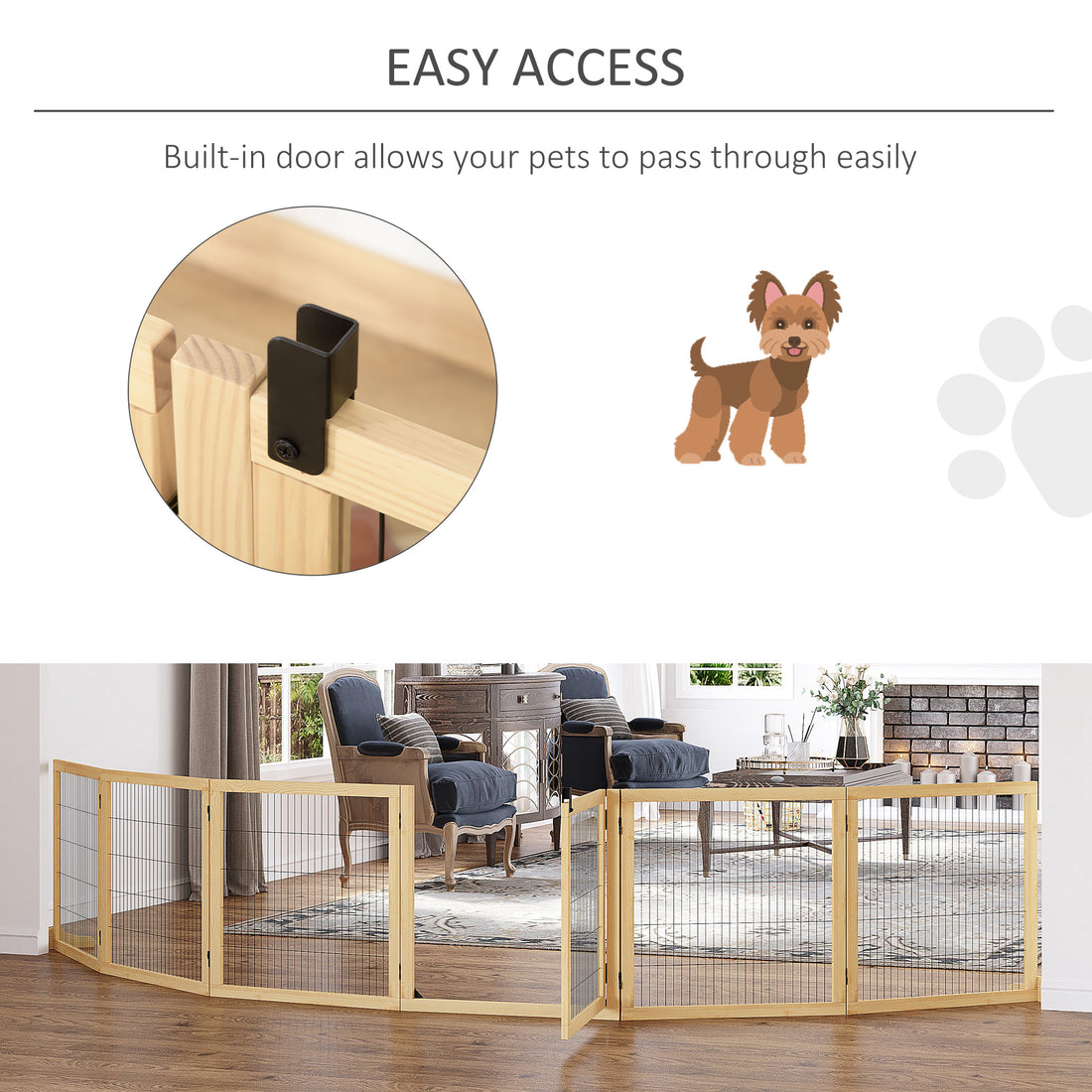 Pawhut Wooden Dog Gate, 170" Freestanding Pet Gate, 6 Panel Foldable Dog Safety Barrier With 2 Support Feet For House Doorway Stairs, Small And Medium Dogs, Natural Wood Natural Wood Wood