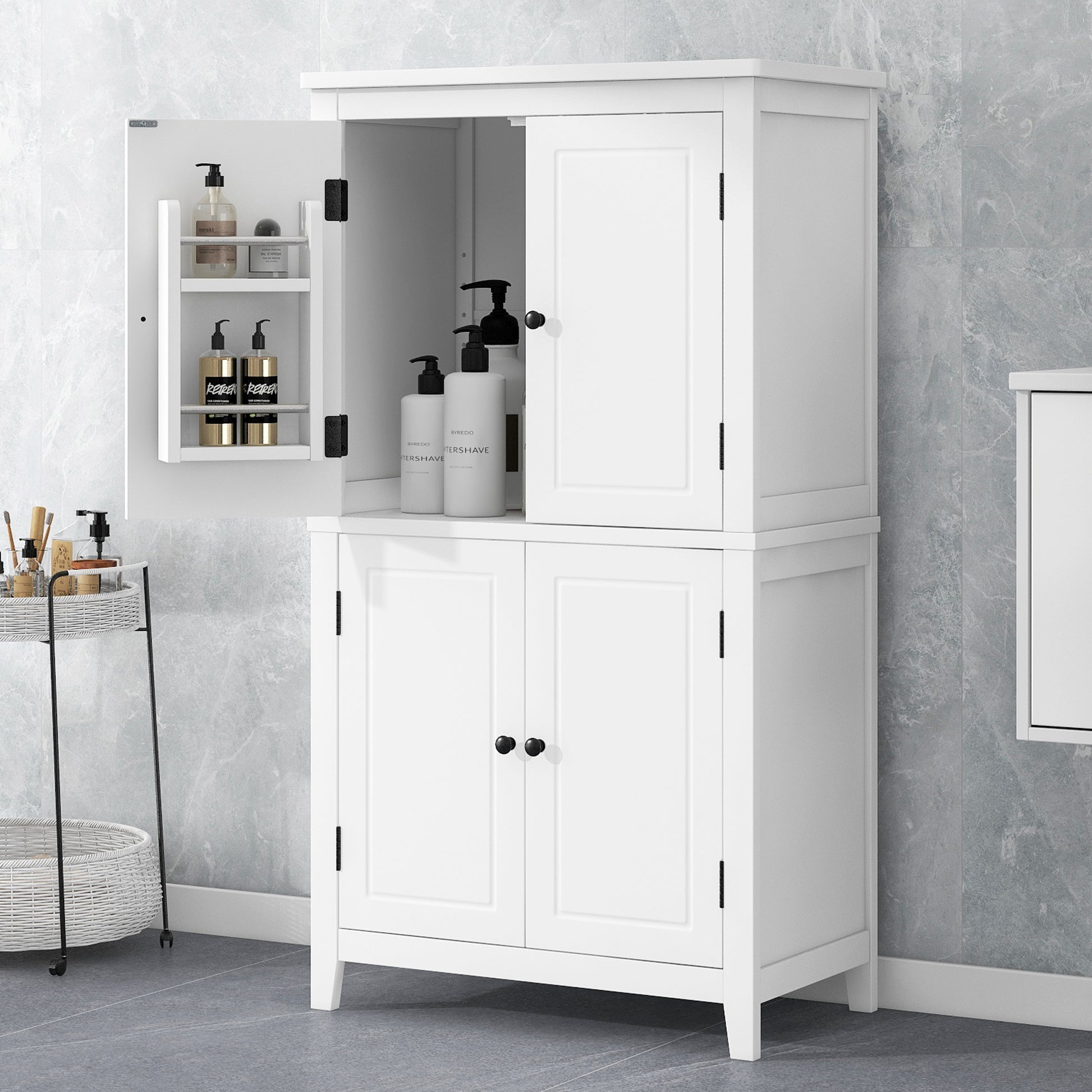 Elegant Bathroom Floor Storage Cabinet, Bathroom Storage Unit, Freestanding Cabinet With 4 Doors, Adjustable Shelves, Adaptable Shelves, White White Mdf