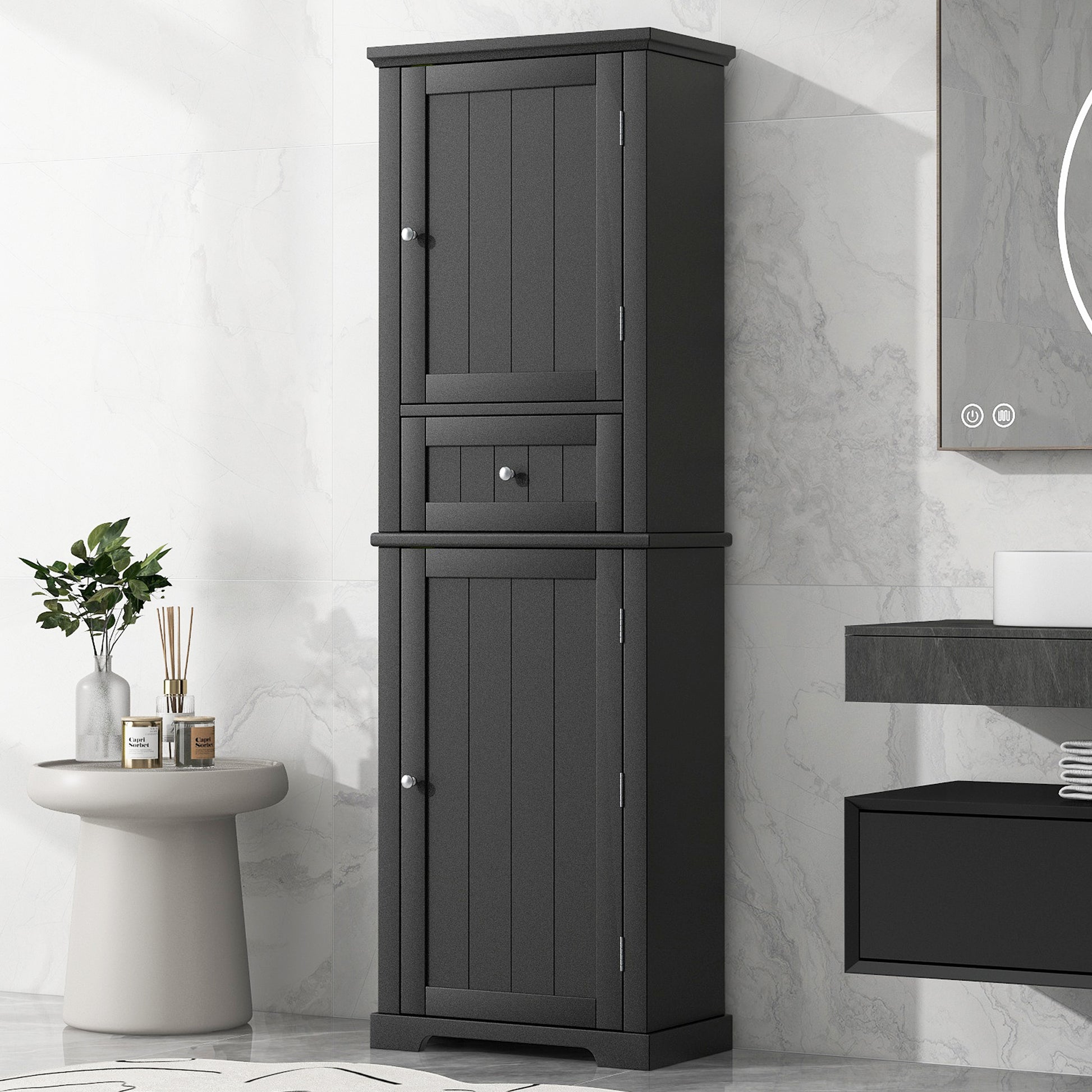 Tall Bathroom Storage Cabinet, Freestanding Storage Cabinet With Drawer And Adjustable Shelf, Mdf Board With Painted Finish, Black Black Mdf