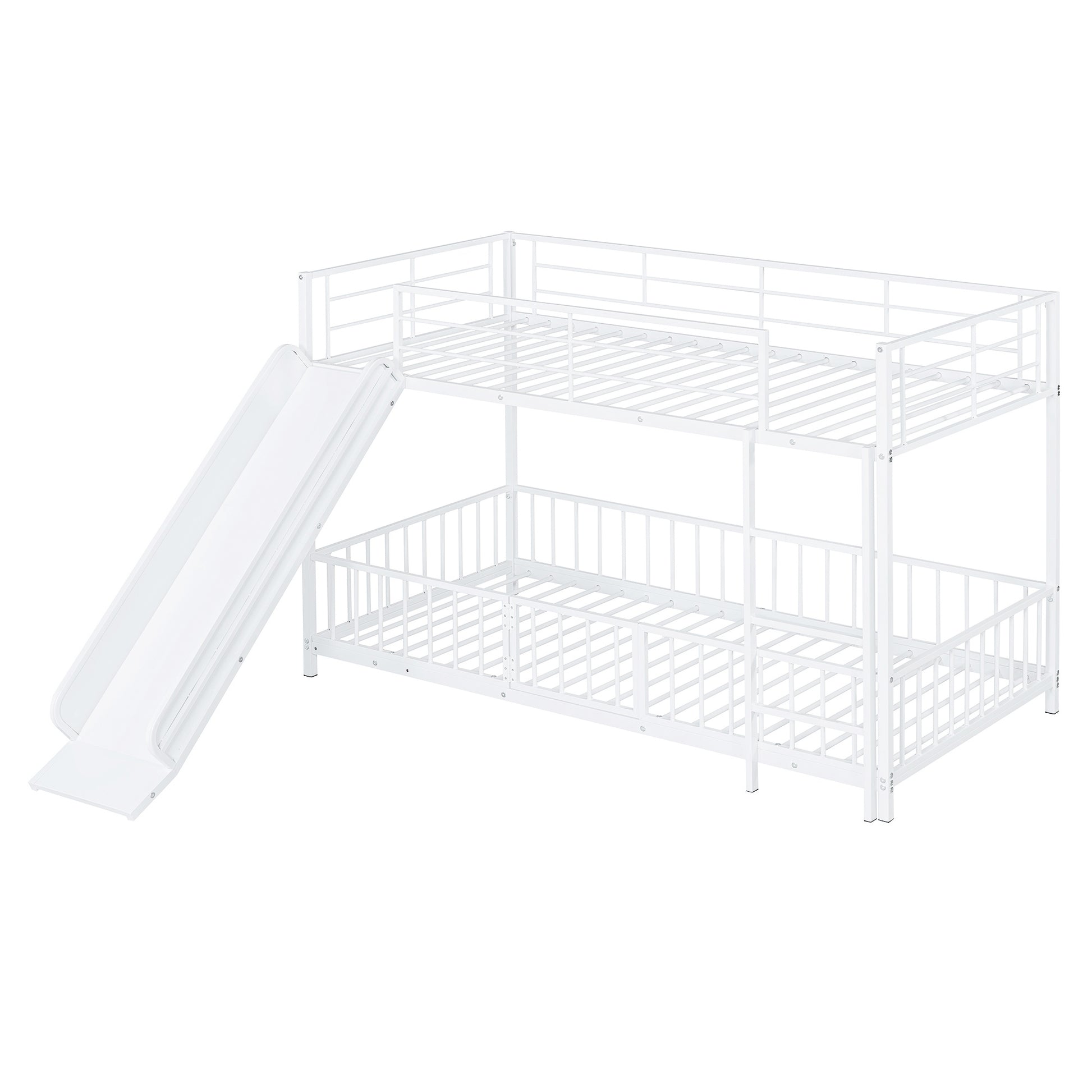 Twin Over Twin Size Metal Bunk Bed With Slide And Guardrails, White Twin White Metal