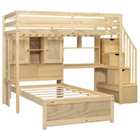 Twin Over Twin Loft Bed With Built In Desk And Staircase, With Storage Compartments And Shelves, Natural Twin Box Spring Not Required Natural Wood Pine