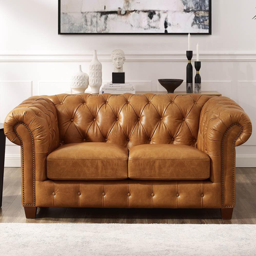 Kingston Waxy Pull Up Leather Loveseat Brown Down Filling Genuine Leather