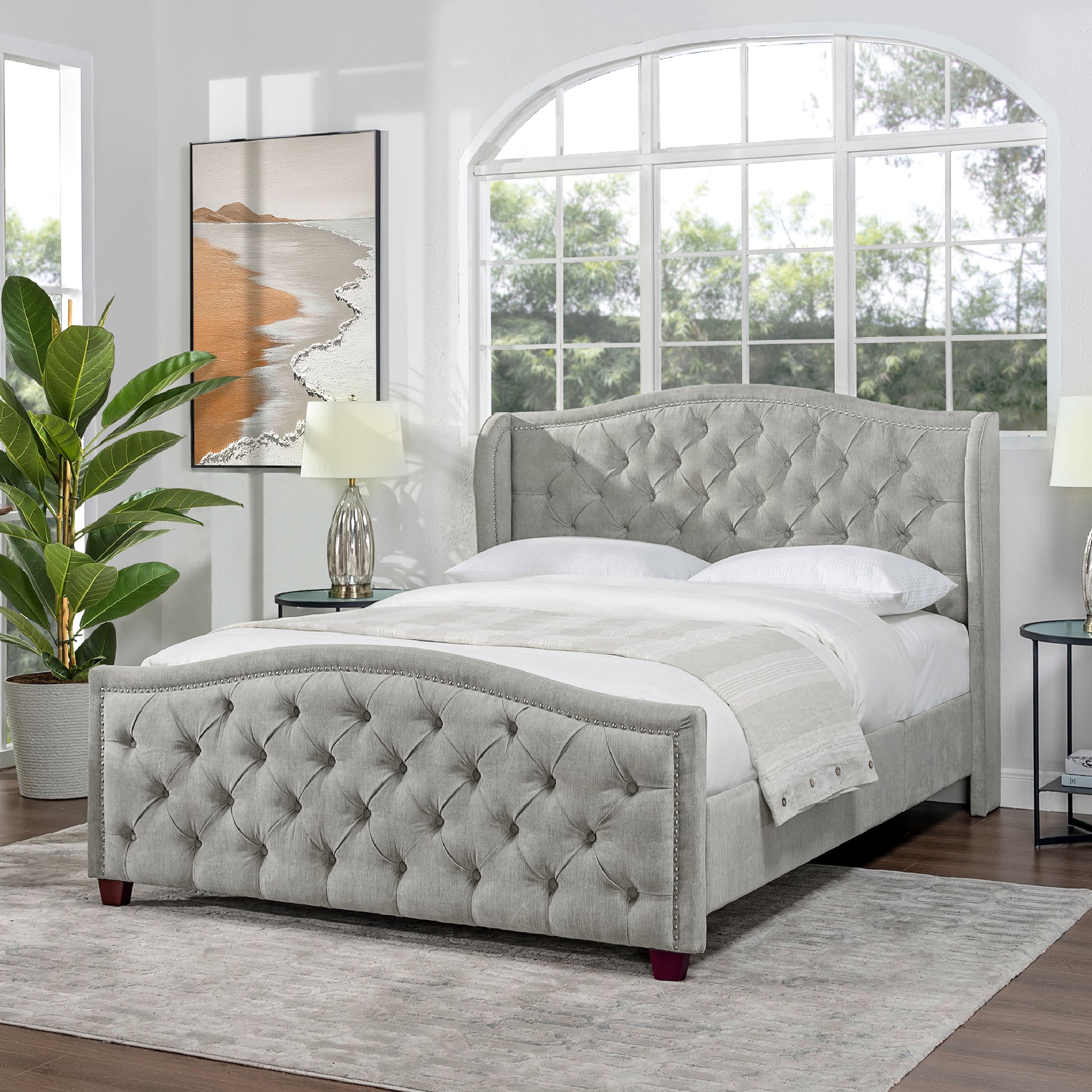 Fontana Wingback Upholstered Platform Bed Frame, Queen, Silver Grey Polyester Box Spring Not Required Queen Silver Grey Wood Foam Polyester Polyester