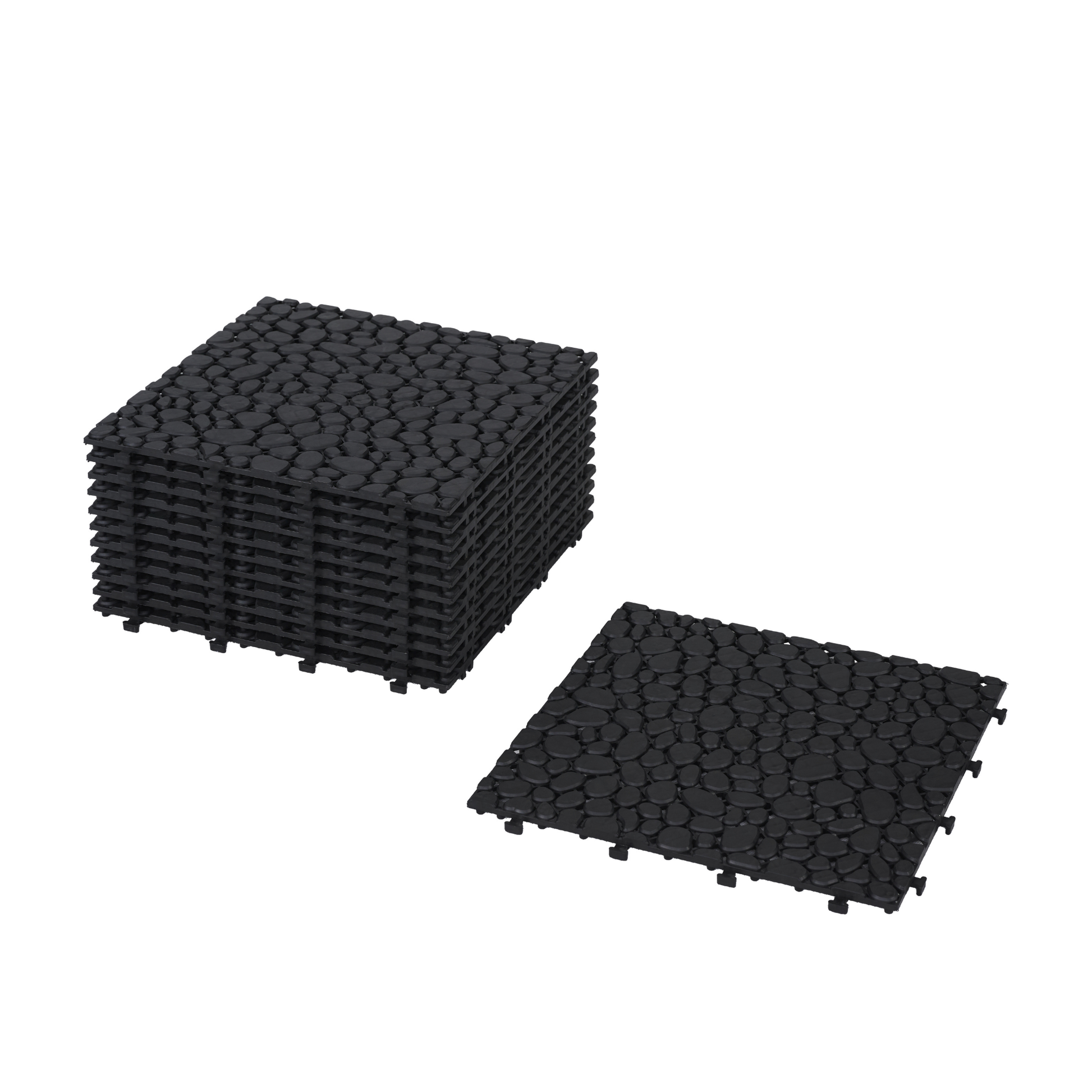 12 X 12 Inch Black Interlocking Deck Tiles Plastic Waterproof Outdoor All Weather Anti Slip Bathroom Shower Balcony Porch Strong Weight Capacity Upto 440 Lbs, Pebble Stone Pattern Pack Of 60 Black American Design,American Traditional Plastic