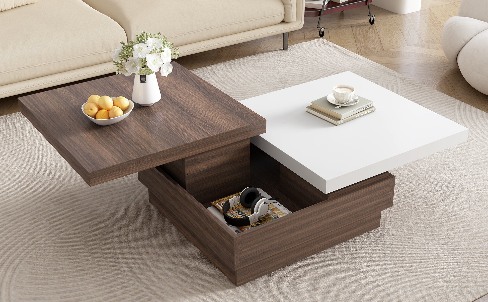 Rotatable Top Coffee Table, Modern Square Coffee Table With Wood Grain Design, 1 Hidden Storage Space For Living Room, White Brown White Mdf