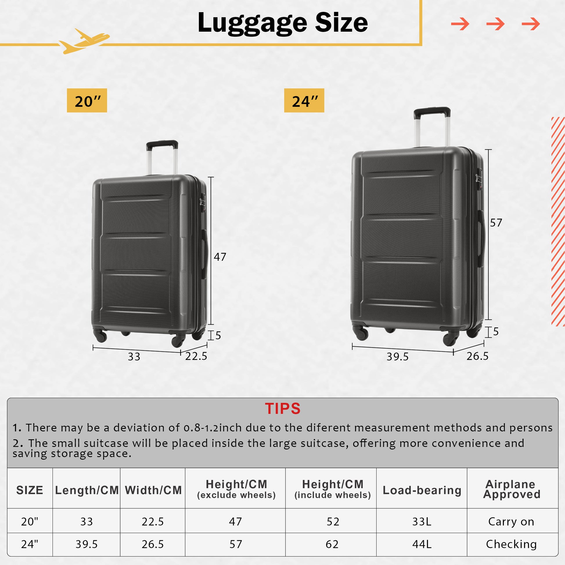 2 Piece Luggage Set With Bags Expanable Spinner Wheels Abs Lightweight Suitcase With Tsa Lock 20Inch 24Inch Dark Gray Abs