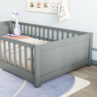 Twin Size Floor Platform Bed With Built In Book Storage Rack,Grey Twin Grey American Design Pine