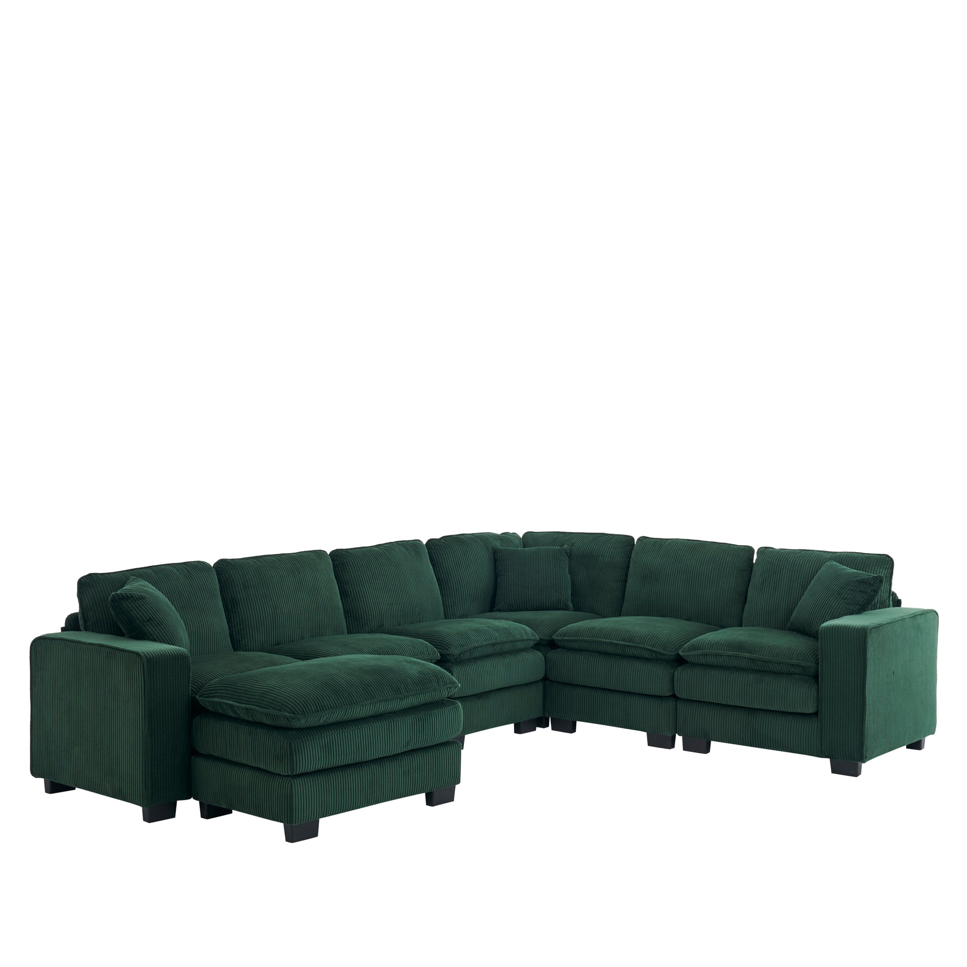 Modern U Shaped 6 Seat Sectional Sofa Couch With One Ottoman And Three Toss Pillows ,Modular Sofa For Living Room,Corduroy Sofa Green Corduroy 7 Seat