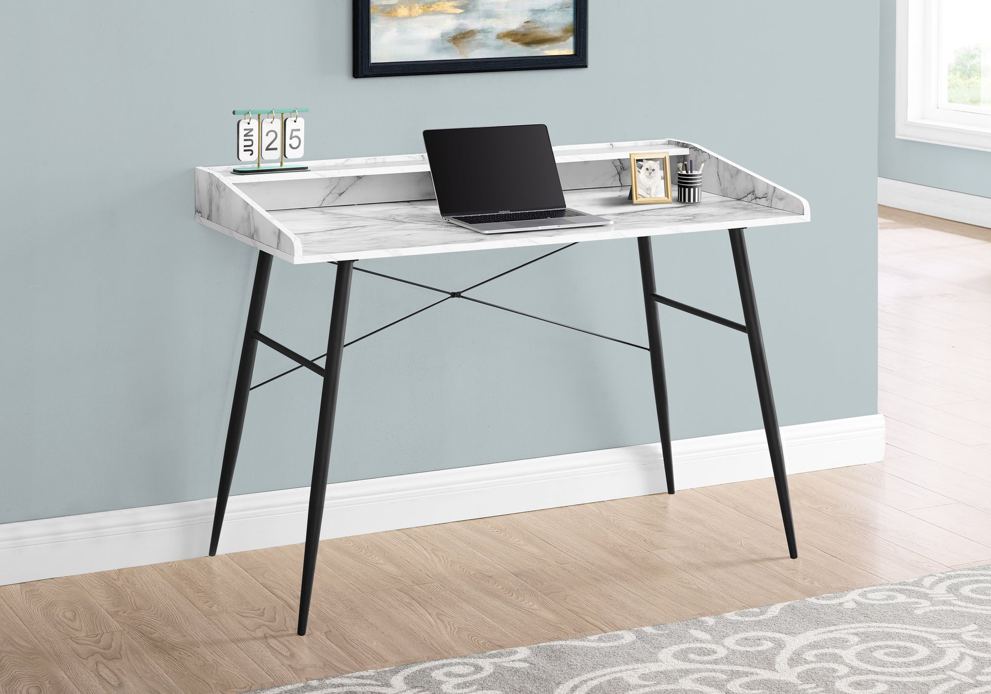 Computer Desk, Home Office, Laptop, Storage Shelves, 48"L, Work, White Marble Look Laminate, Black Metal, Contemporary, Modern White Particle Board