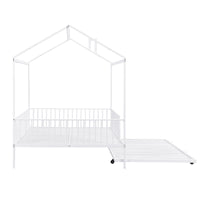 Full Size Metal House Bed With Fence, With Trundle, White Full White Metal