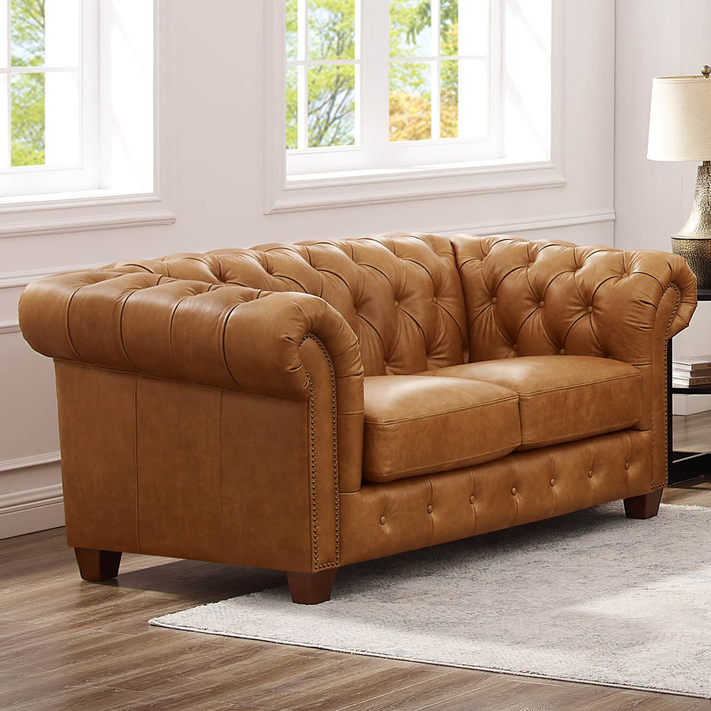 Kingston Waxy Pull Up Leather Loveseat Brown Down Filling Genuine Leather