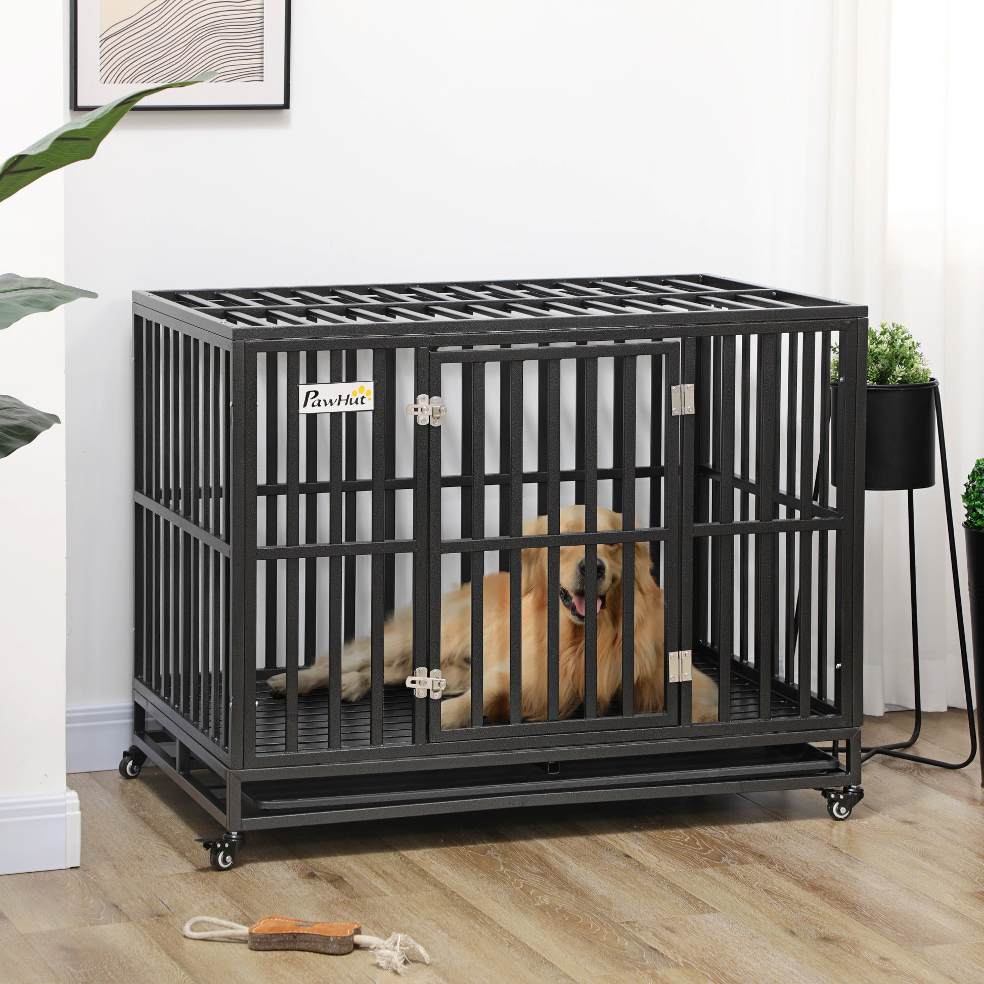 Pawhut Heavy Duty Dog Crate Metal Kennel And Cage Dog Playpen With Lockable Wheels, Slide Out Tray And Anti Pinching Floor, 45" X 29.5" X 35" Black Steel