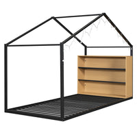 Twin Size Metal Bed House Bed Frame With Shelves And Lights, Black Twin Black Metal & Wood