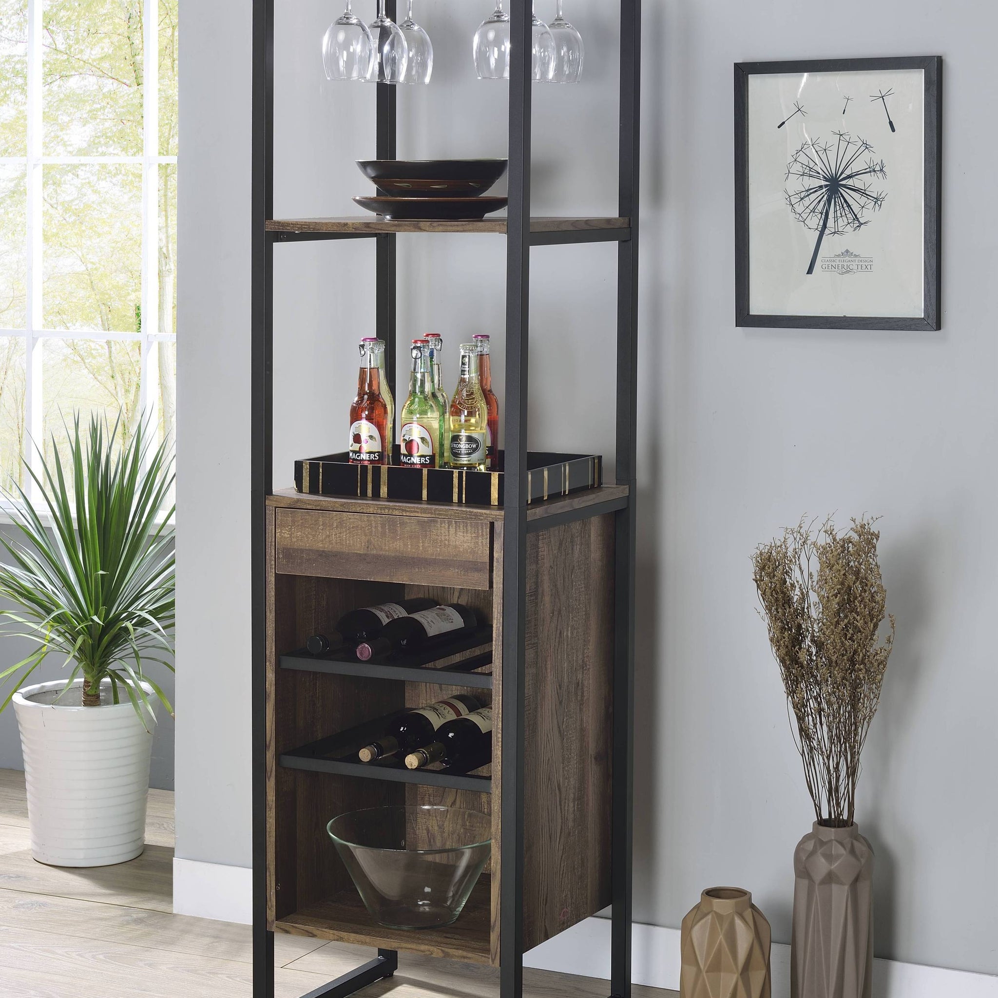 Weathered Oak And Black Wine Rack With 1 Drawer Oak Kitchen Wood Metal