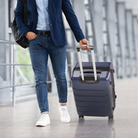 Hard Sided Expand Suitcase With Rotating Wheels, Tsa Lock, Retractable Handle, Blue, 28" Blue Iron Plastic