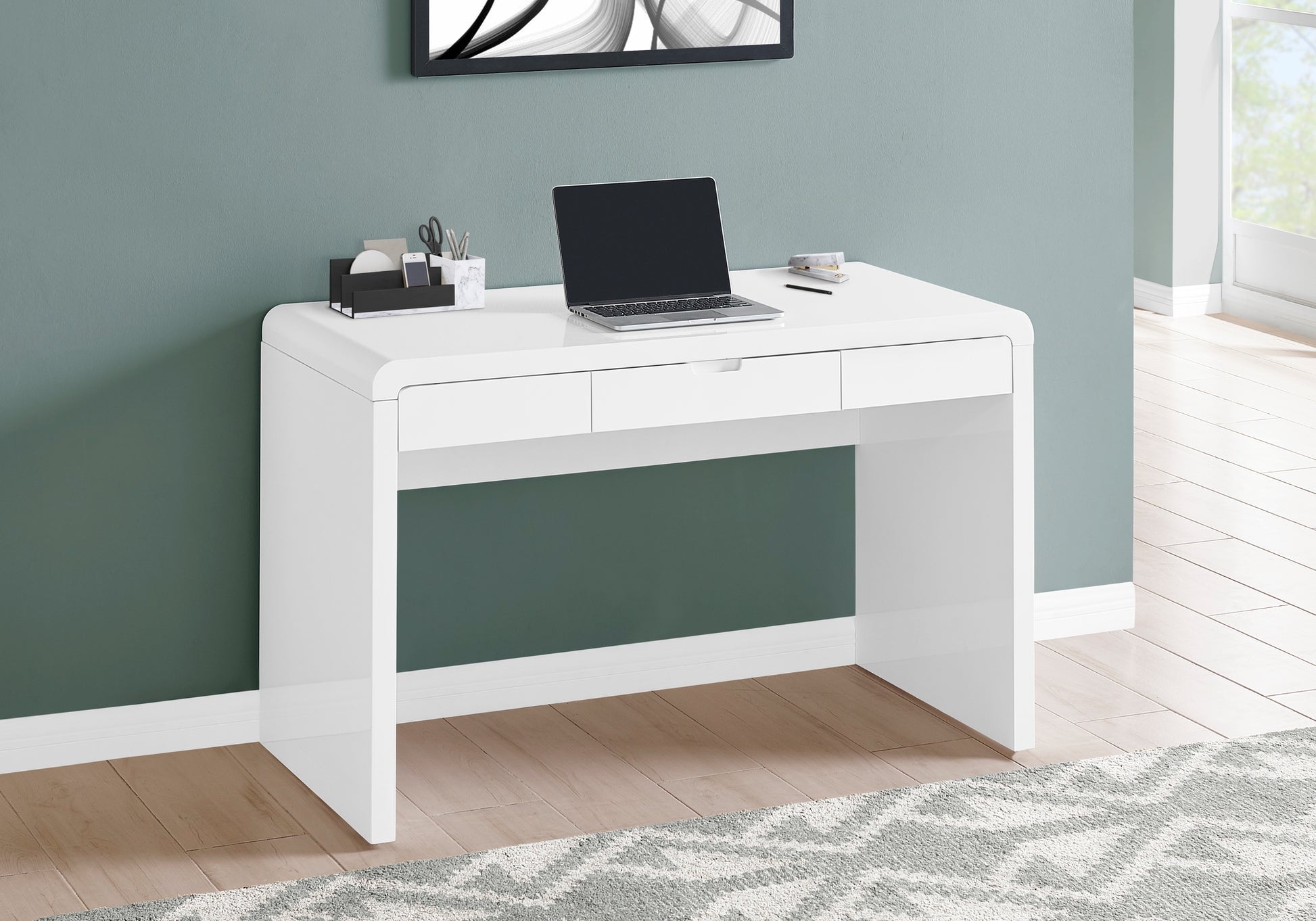 Computer Desk, Home Office, Laptop, Storage Drawers, 48"L, Work, Glossy White Laminate, Contemporary, Modern White Mdf